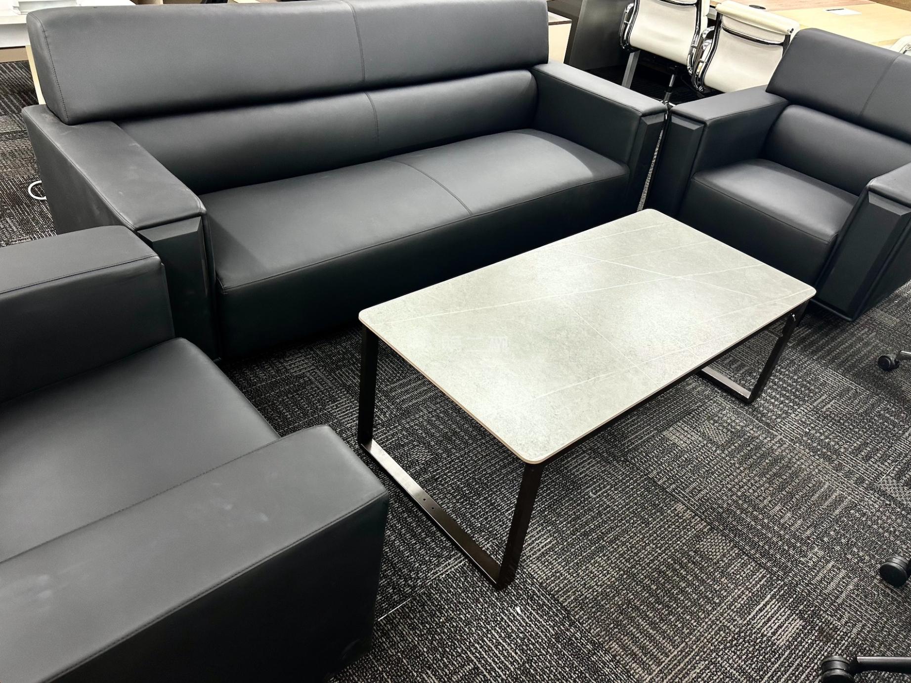 黑色皮質商務沙發組郃沙發會客接待休閑沙發茶幾